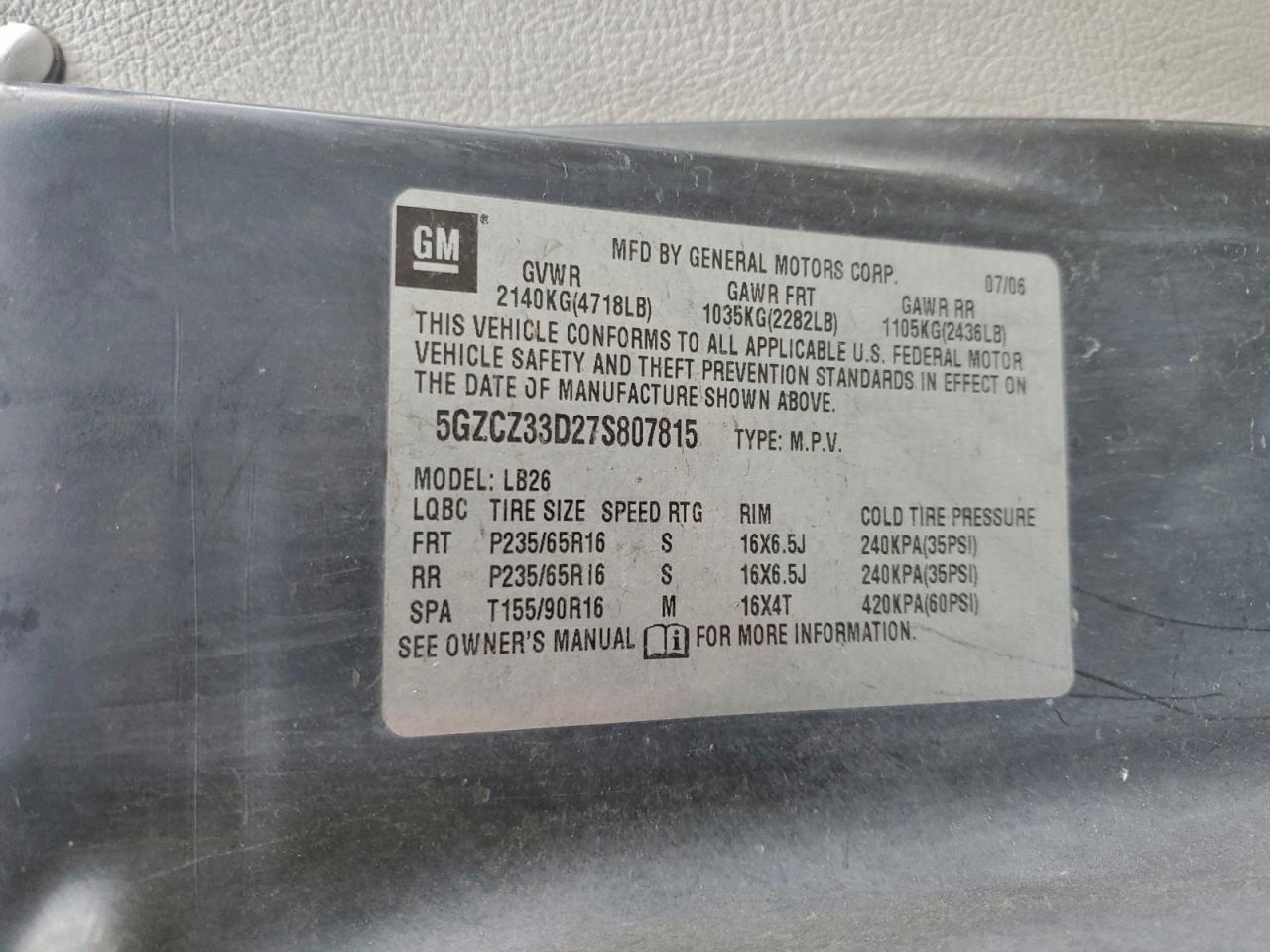 2007 Saturn Vue VIN: 5GZCZ33D27S807815 Lot: 93789205