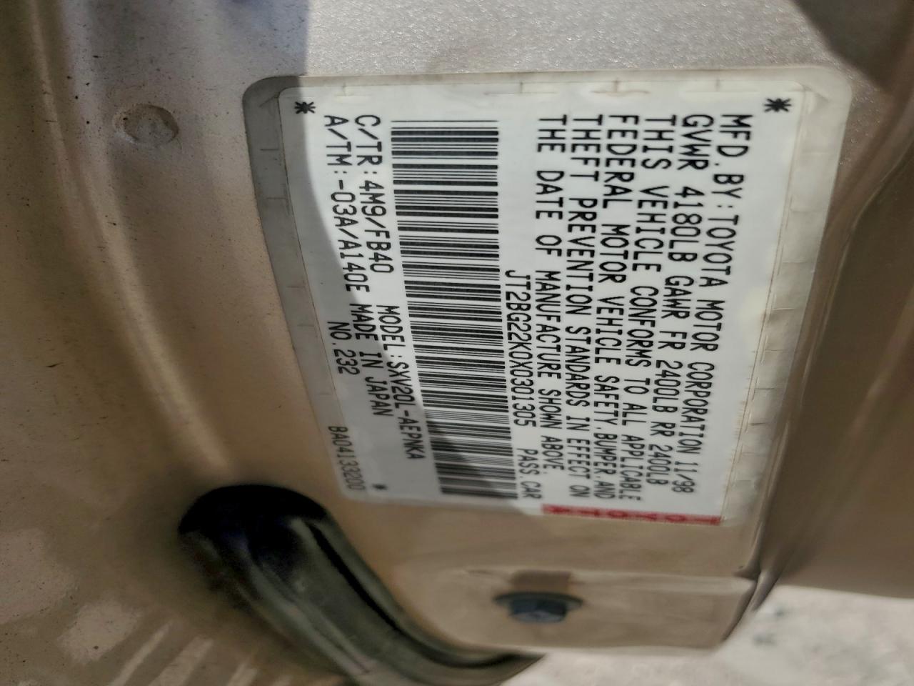 1999 Toyota Camry Le VIN: JT2BG22K0X0301305 Lot: 92480845