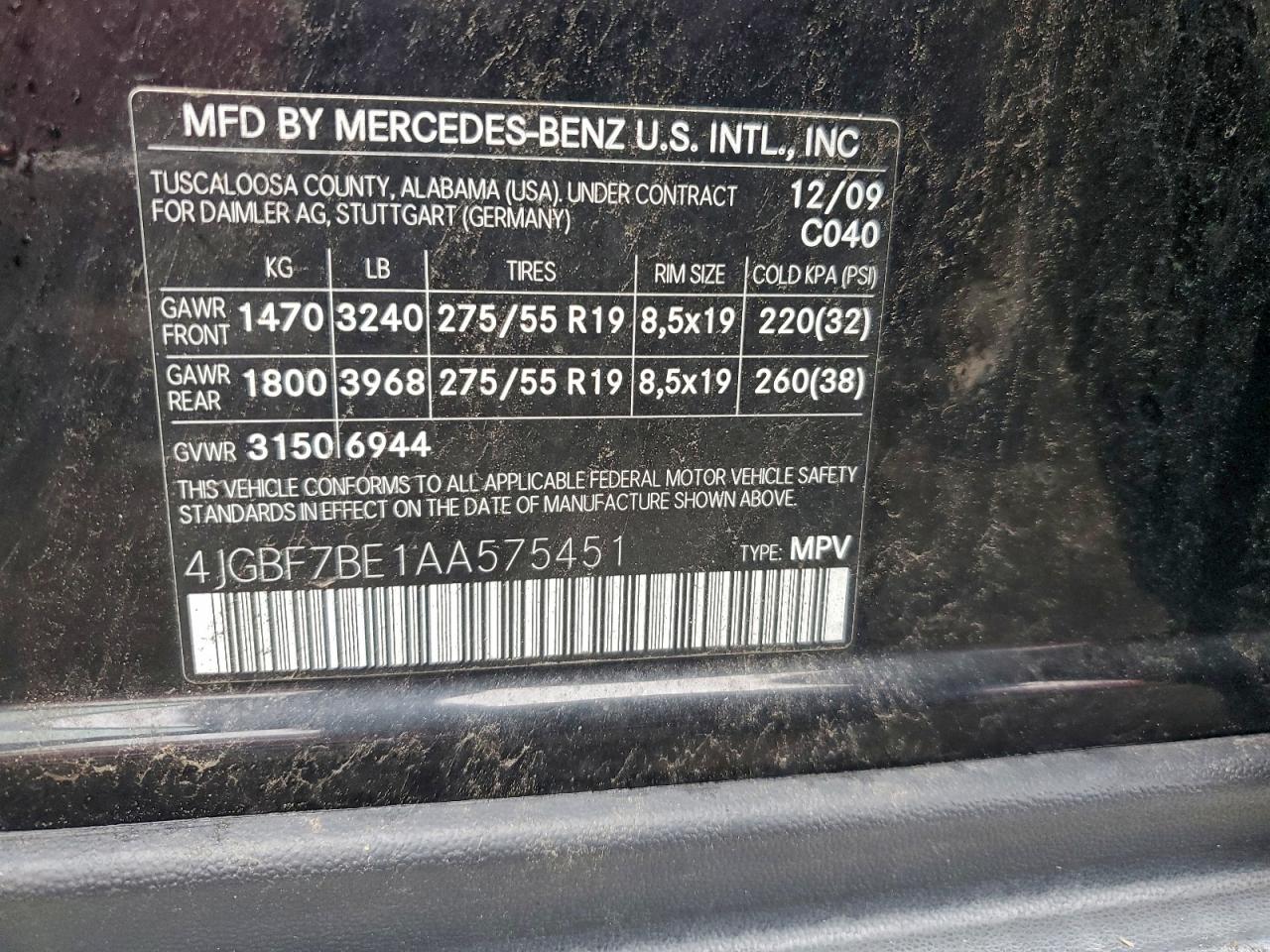 2010 Mercedes-Benz Gl 450 4Matic VIN: 4JGBF7BE1AA575451 Lot: 94096795