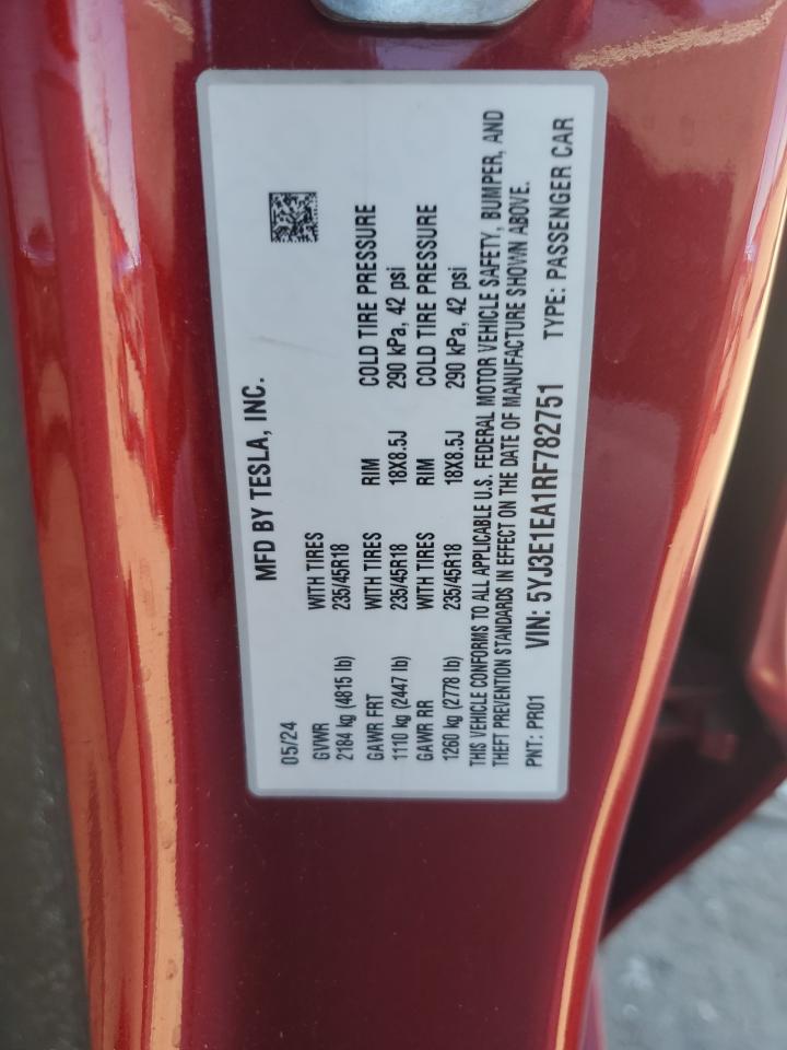 2024 Tesla Model 3 VIN: 5YJ3E1EA1RF782751 Lot: 91345065