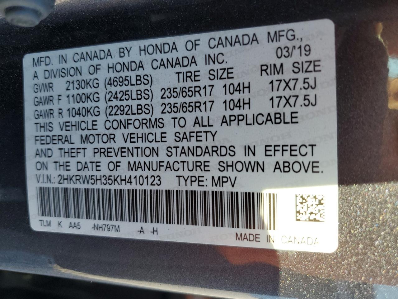 2019 Honda Cr-V Lx VIN: 2HKRW5H35KH410123 Lot: 93381365