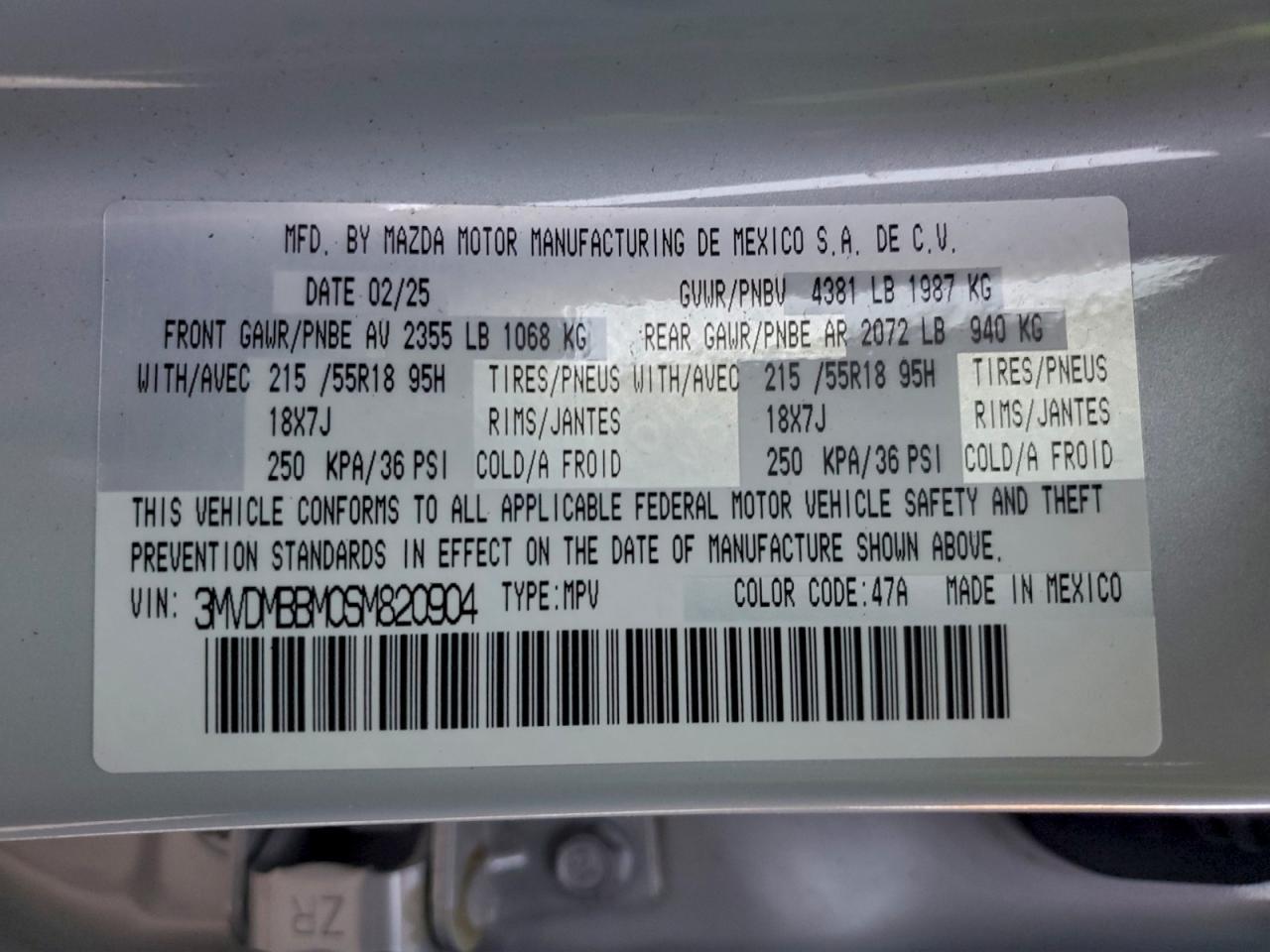 2025 Mazda Cx-30 Select VIN: 3MVDMBBM0SM820904 Lot: 94080485