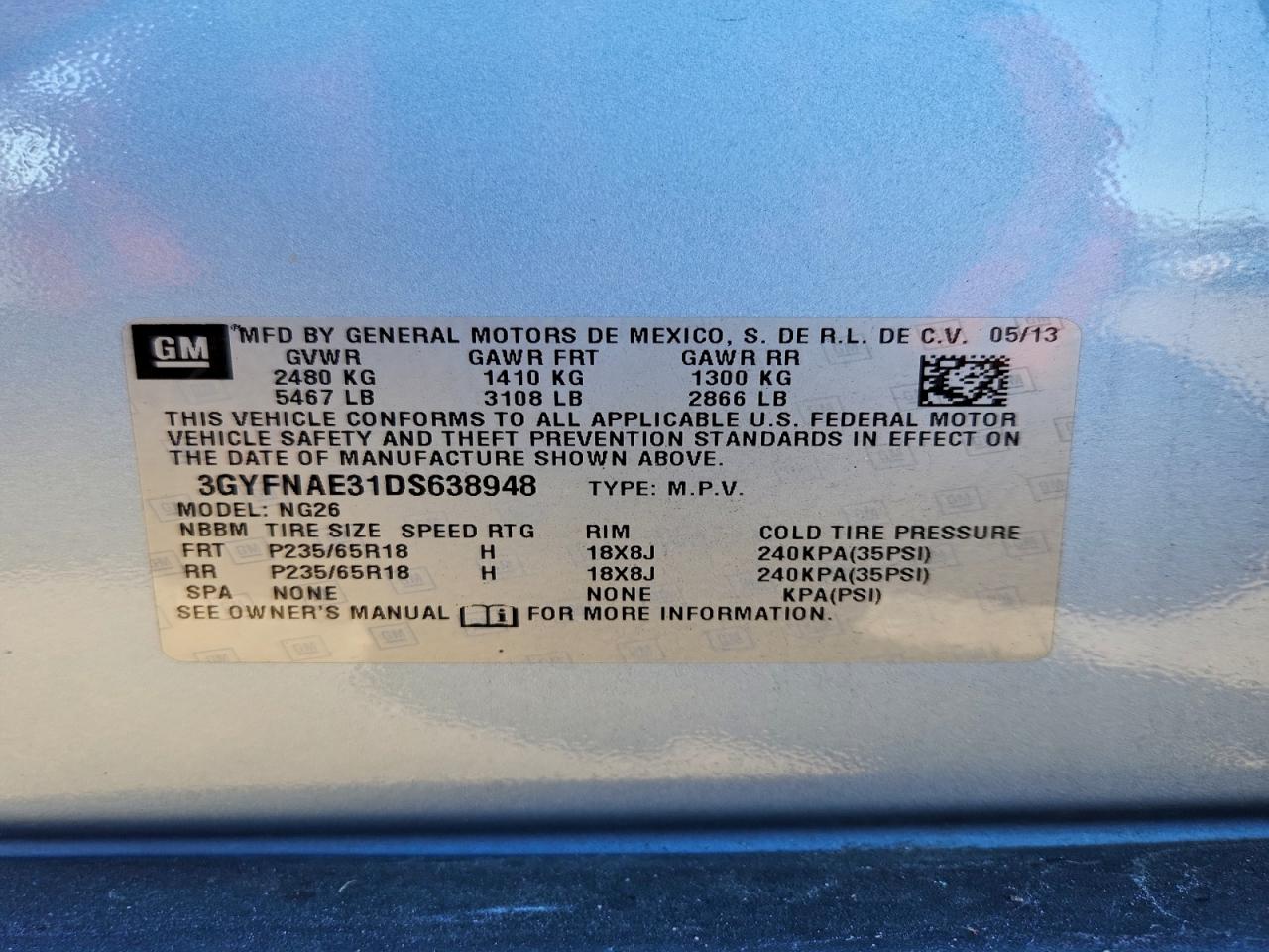 2013 Cadillac Srx VIN: 3GYFNAE31DS638948 Lot: 93100945