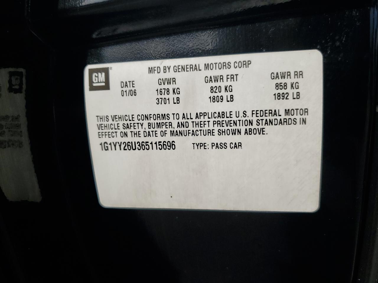 2006 Chevrolet Corvette VIN: 1G1YY26U365115696 Lot: 93903135