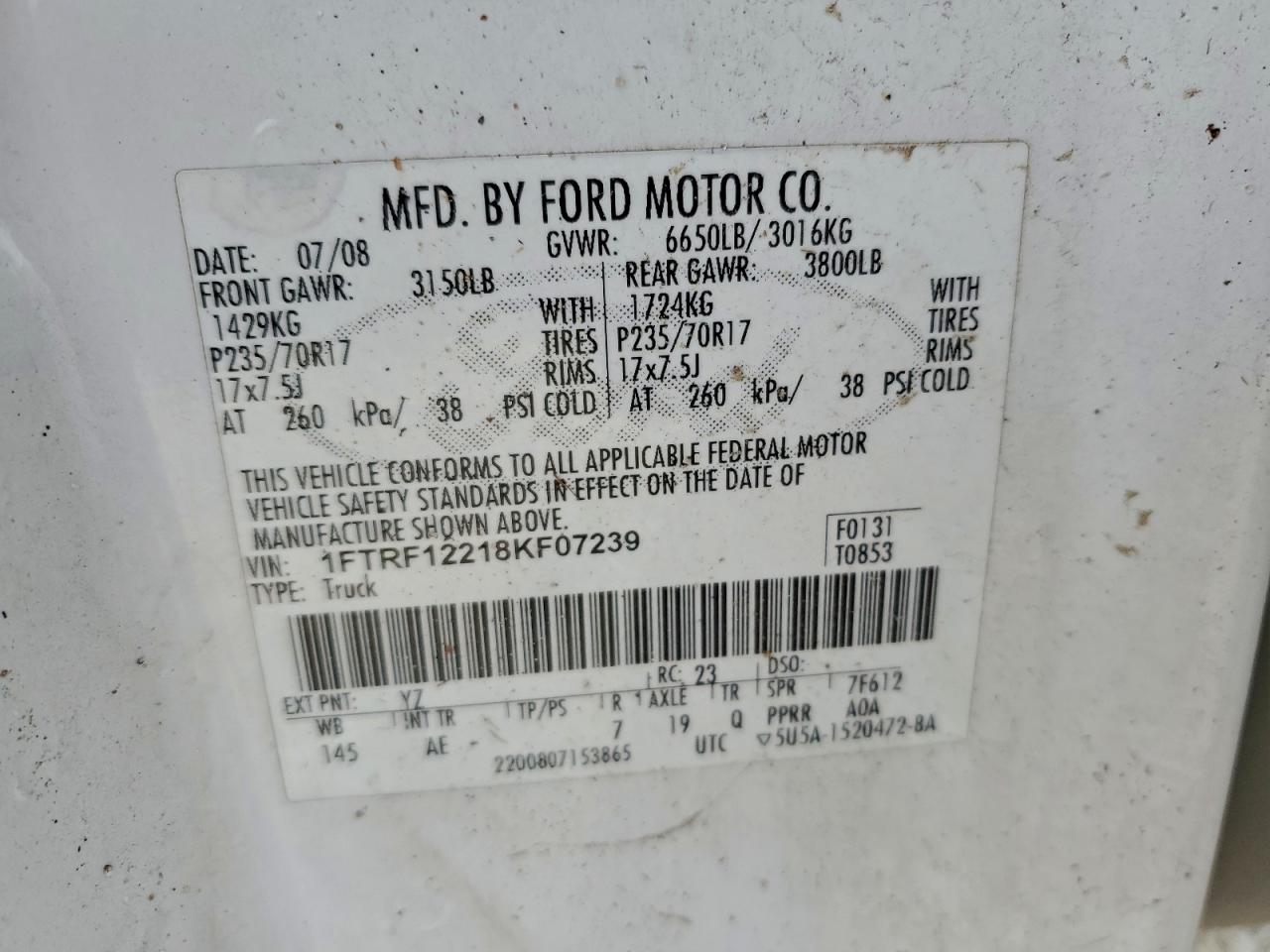 2008 Ford F150 VIN: 1FTRF12218KF07239 Lot: 93619485