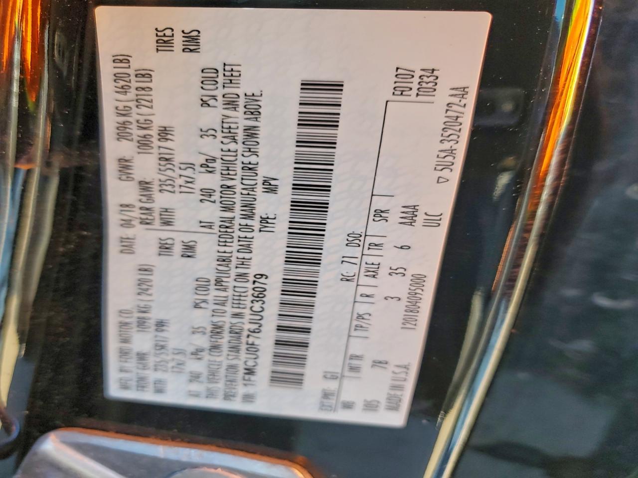 2018 Ford Escape S VIN: 1FMCU0F76JUC36079 Lot: 94358655