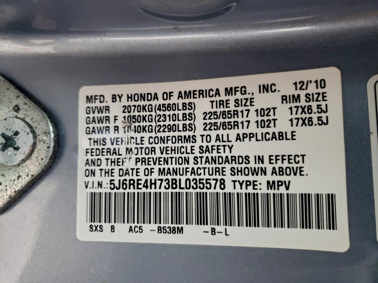 2011 Honda Cr-V Exl VIN: 5J6RE4H73BL035578 Lot: 93436625