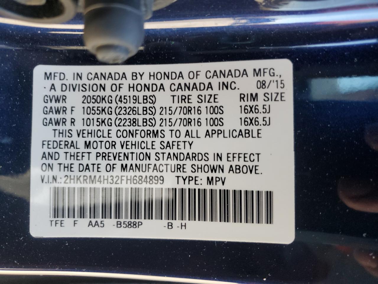 2015 Honda Cr-V Lx VIN: 2HKRM4H32FH684899 Lot: 91132205