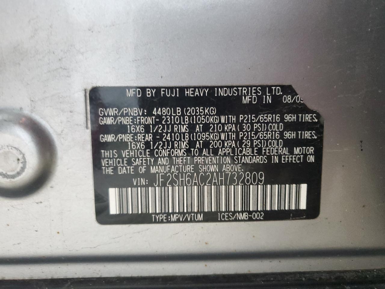 2010 Subaru Forester 2.5X VIN: JF2SH6AC2AH732809 Lot: 91550375