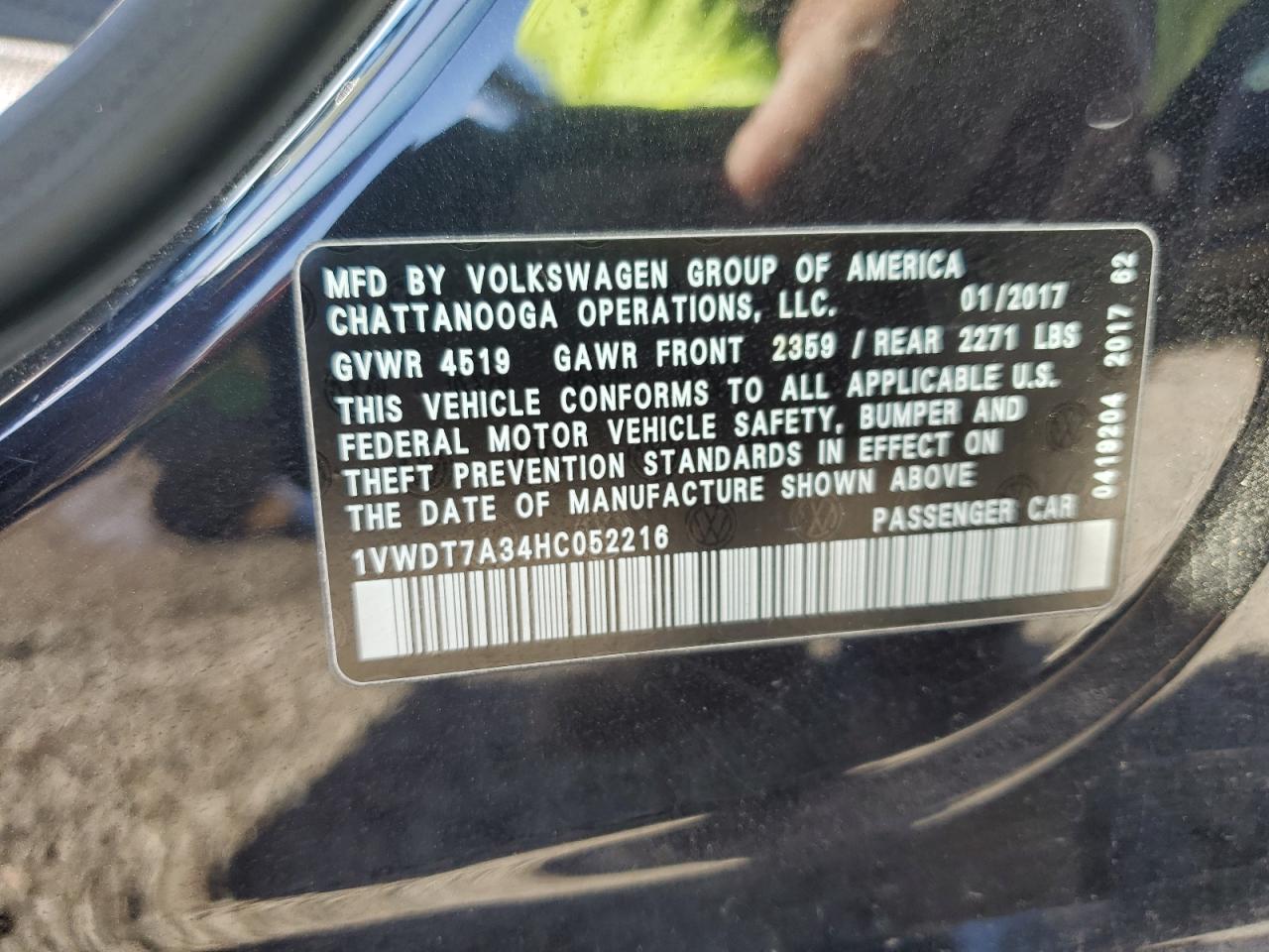 2017 Volkswagen Passat R-Line VIN: 1VWDT7A34HC052216 Lot: 93676435