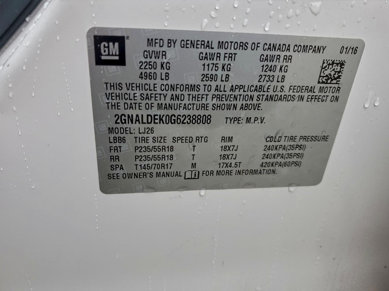 2016 Chevrolet Equinox Ltz VIN: 2GNALDEK0G6238808 Lot: 94424875