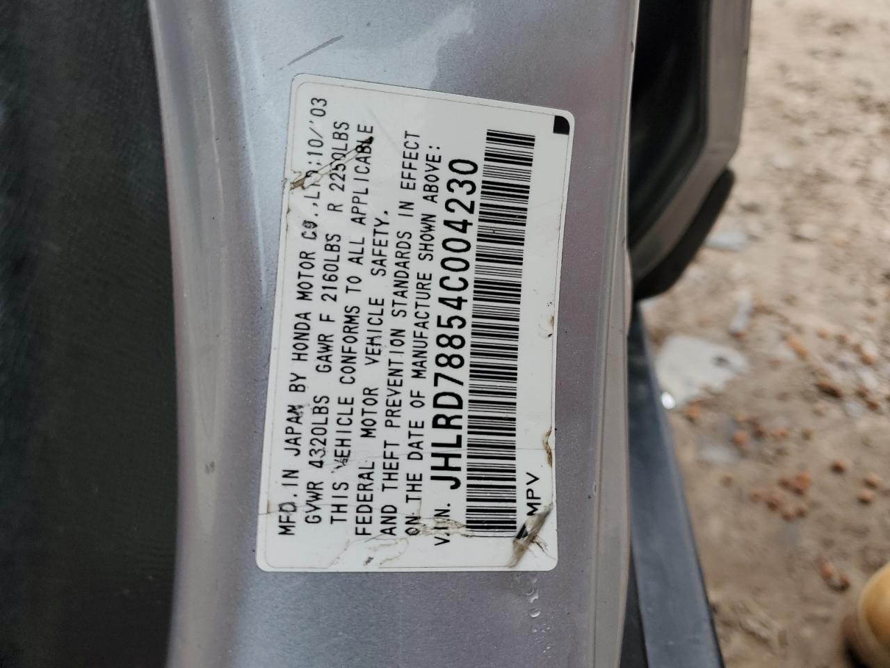 2004 Honda Cr-V Ex VIN: JHLRD78854C004230 Lot: 93433565