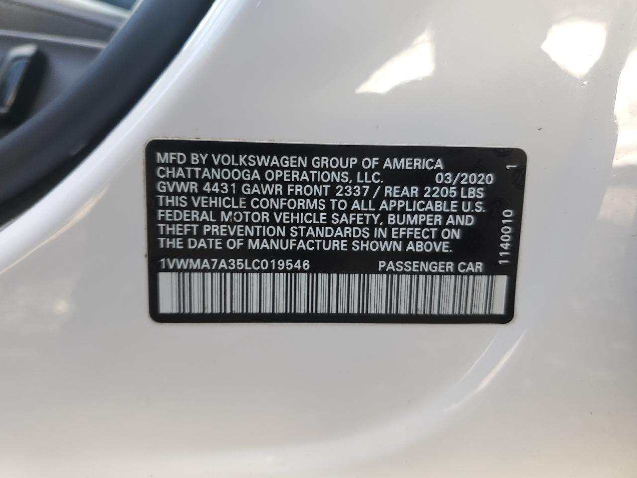 2020 Volkswagen Passat R-Line VIN: 1VWMA7A35LC019546 Lot: 91279895