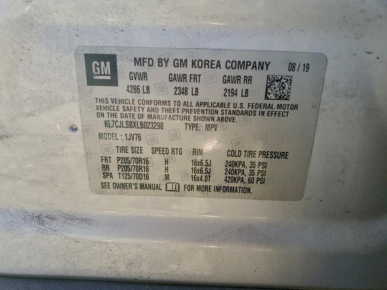 2020 Chevrolet Trax 1Lt VIN: KL7CJLSBXLB023298 Lot: 94092965