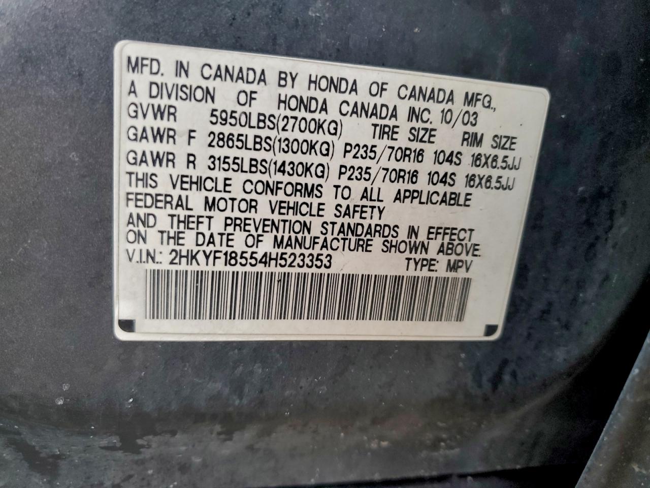 2004 Honda Pilot Exl VIN: 2HKYF18554H523353 Lot: 94120695