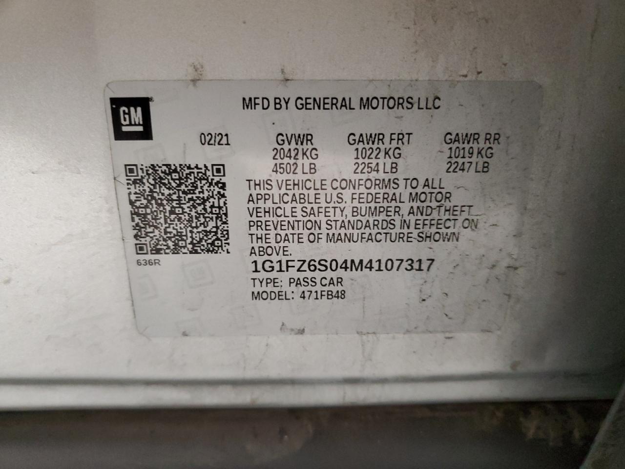 2021 Chevrolet Bolt Ev Premier VIN: 1G1FZ6S04M4107317 Lot: 93031175