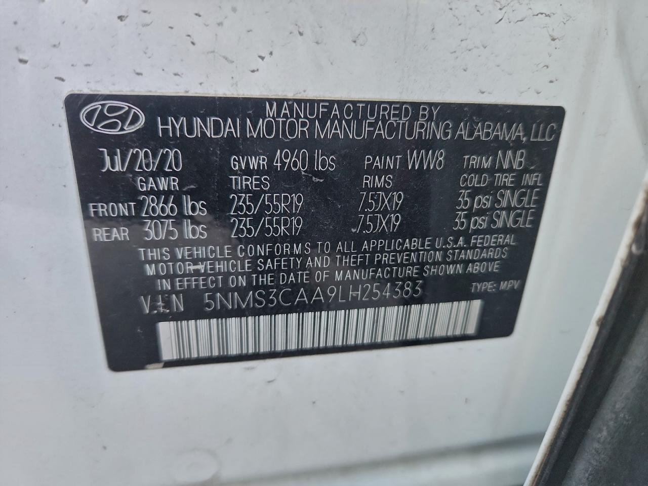 2020 Hyundai Santa Fe Sel VIN: 5NMS3CAA9LH254383 Lot: 94341135