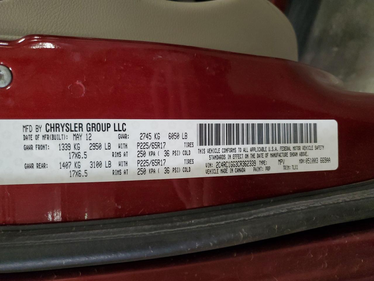 2012 Chrysler Town & Country Limited VIN: 2C4RC1GG3CR362339 Lot: 93121805