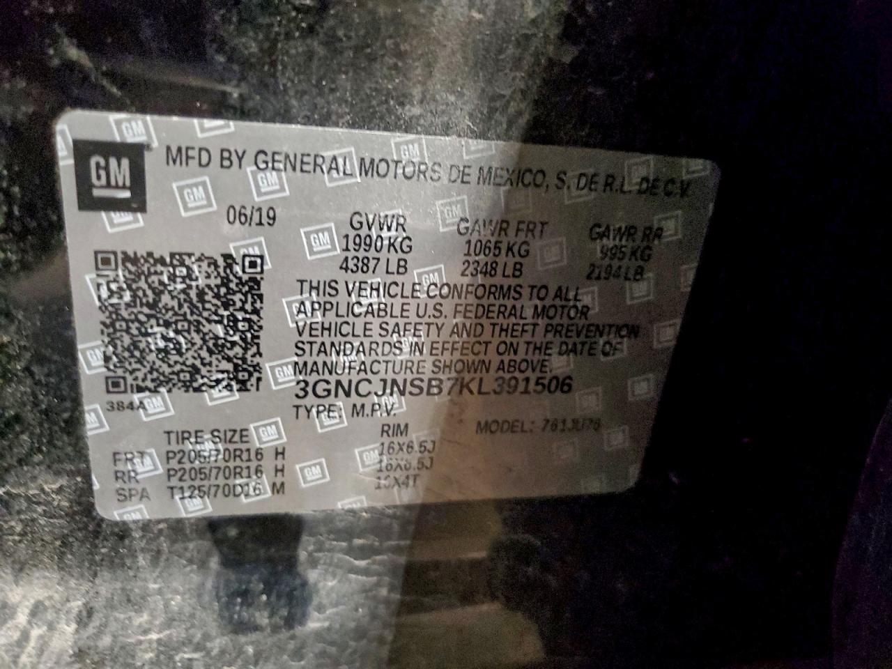 2019 Chevrolet Trax Ls VIN: 3GNCJNSB7KL391506 Lot: 94256965