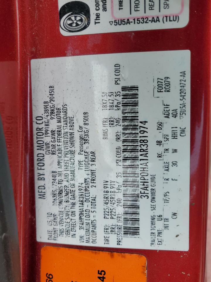 2010 Ford Fusion Se VIN: 3FAHP0HA1AR381974 Lot: 91471285