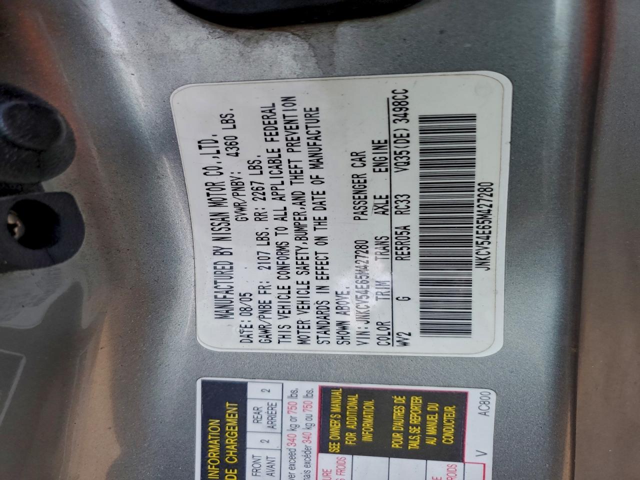 2005 Infiniti G35 VIN: JNKCV54E65M427280 Lot: 93313135