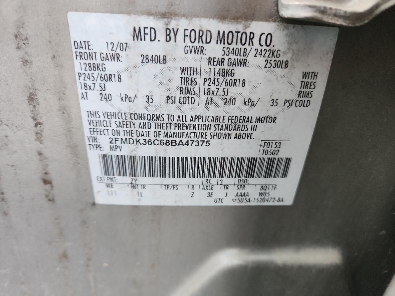 2008 Ford Edge Se VIN: 2FMDK36C68BA47375 Lot: 92189915