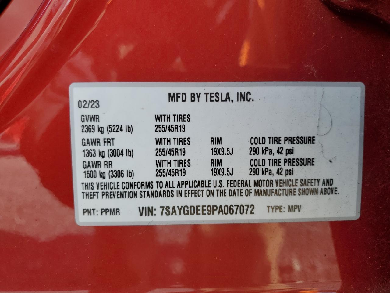 2023 Tesla Model Y VIN: 7SAYGDEE9PA067072 Lot: 91498165