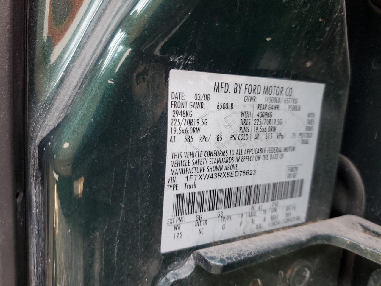 2008 Ford F450 Super Duty VIN: 1FTXW43RX8ED76623 Lot: 92684005