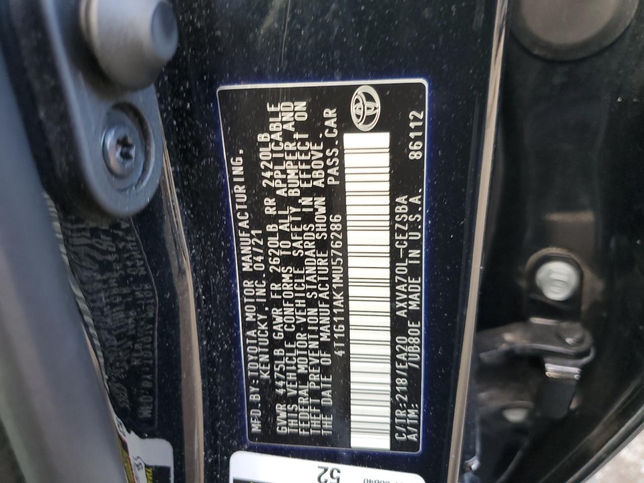 2021 Toyota Camry Se VIN: 4T1G11AK1MU576286 Lot: 91059745