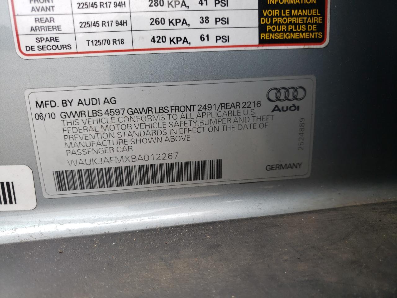 2011 Audi A3 Premium Plus VIN: WAUKJAFMXBA012267 Lot: 89467795