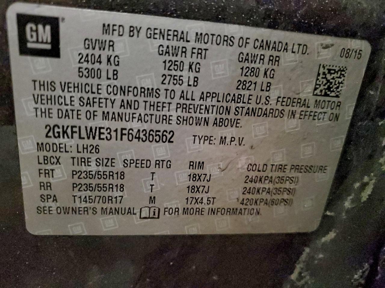 2015 GMC Terrain Sle VIN: 2GKFLWE31F6436562 Lot: 94526865