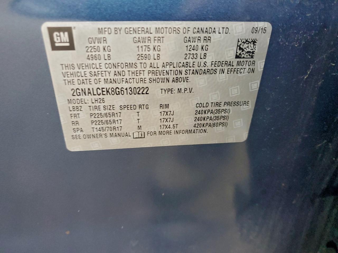 2016 Chevrolet Equinox Lt VIN: 2GNALCEK8G6130222 Lot: 94531725