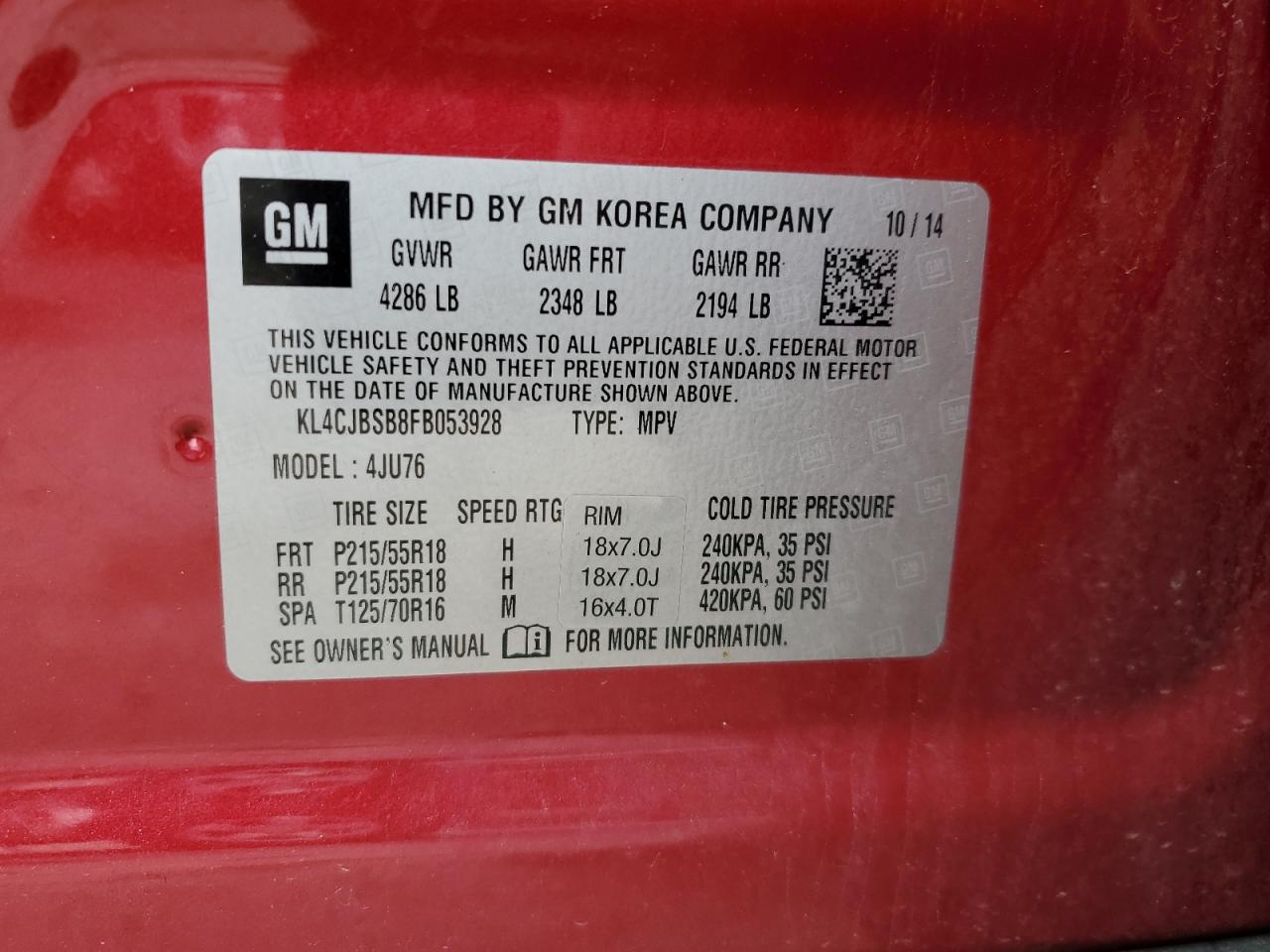 2015 Buick Encore Convenience VIN: KL4CJBSB8FB053928 Lot: 92484275