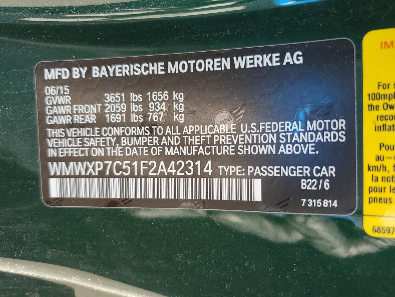 2015 Mini Cooper S VIN: WMWXP7C51F2A42314 Lot: 91383465