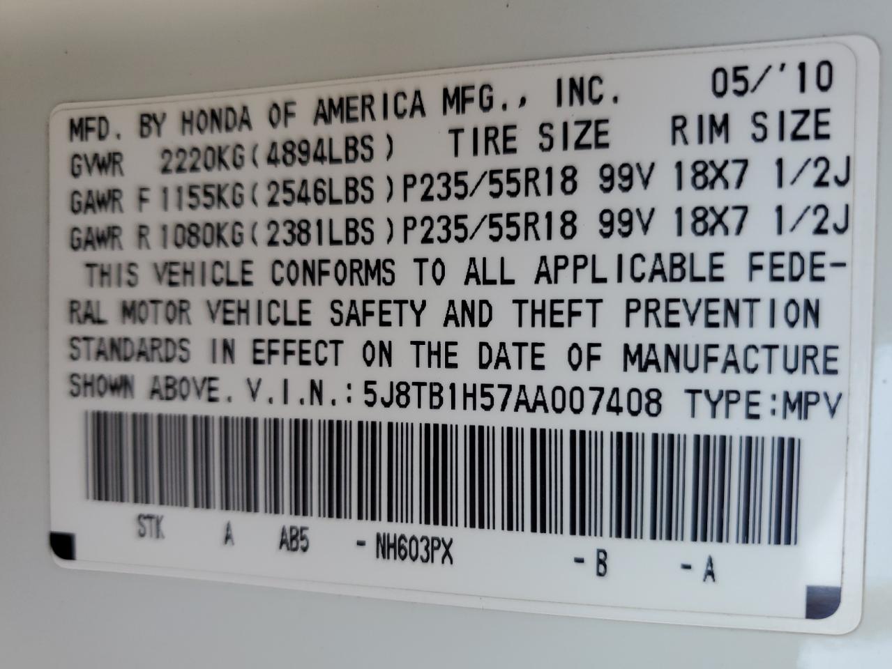 2010 Acura Rdx Technology VIN: 5J8TB1H57AA007408 Lot: 92126355