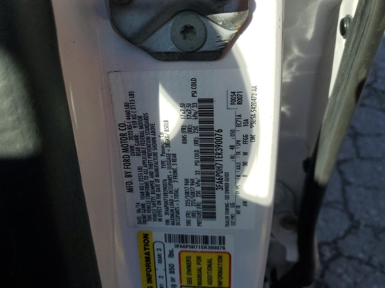 2014 Ford Fusion Se VIN: 3FA6P0H71ER390076 Lot: 92107835