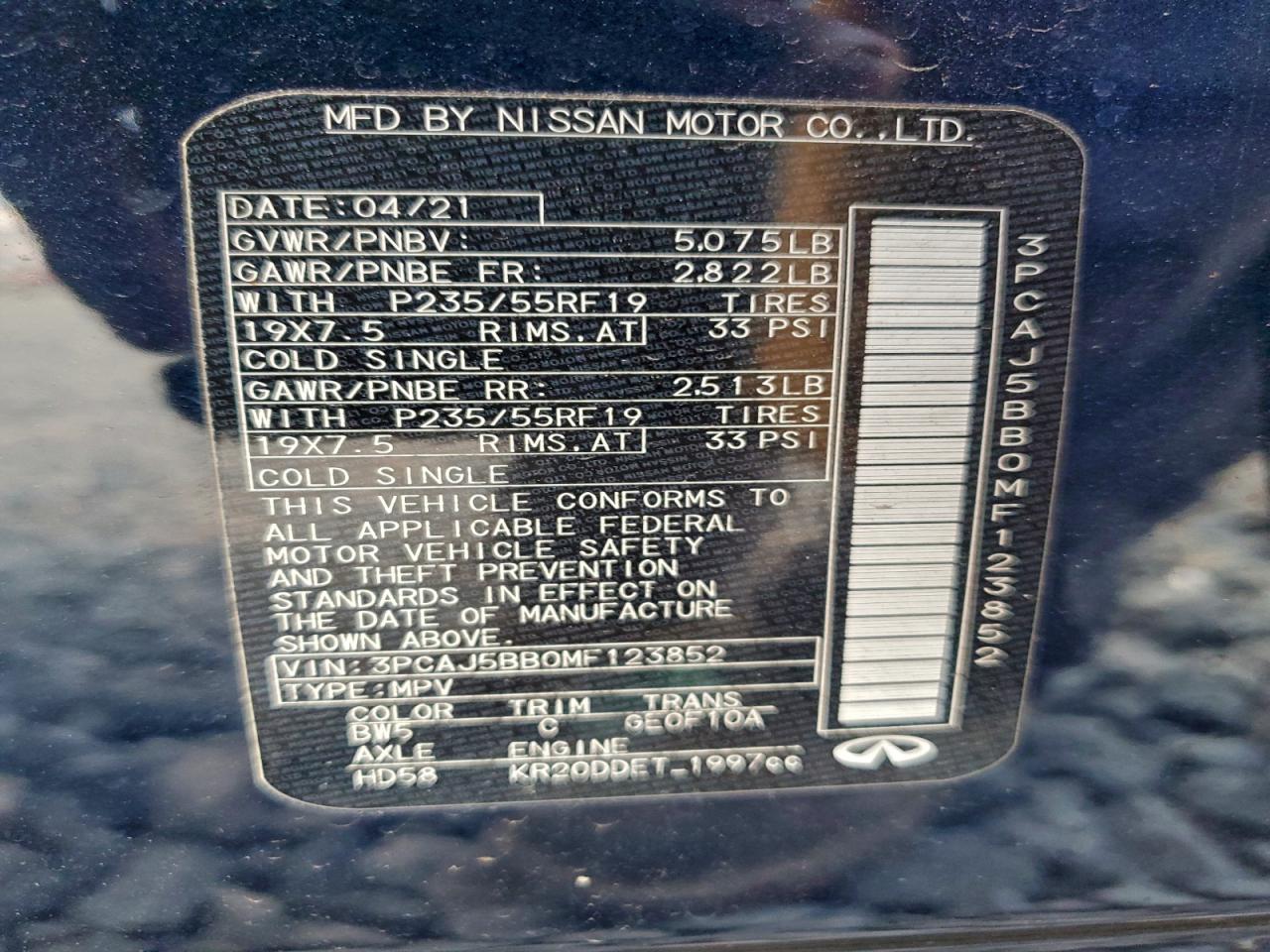 2021 Infiniti Qx50 Luxe VIN: 3PCAJ5BB0MF123852 Lot: 93950755