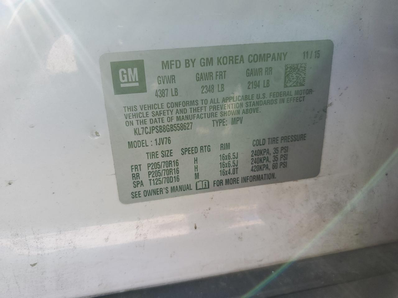 2016 Chevrolet Trax 1Lt VIN: KL7CJPSB8GB558627 Lot: 92157935