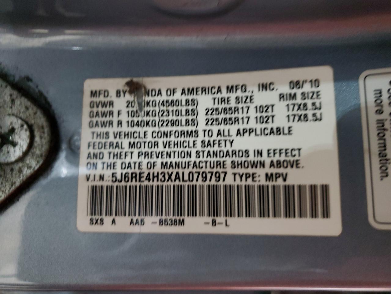 2010 Honda Cr-V Lx VIN: 5J6RE4H3XAL079797 Lot: 92491845