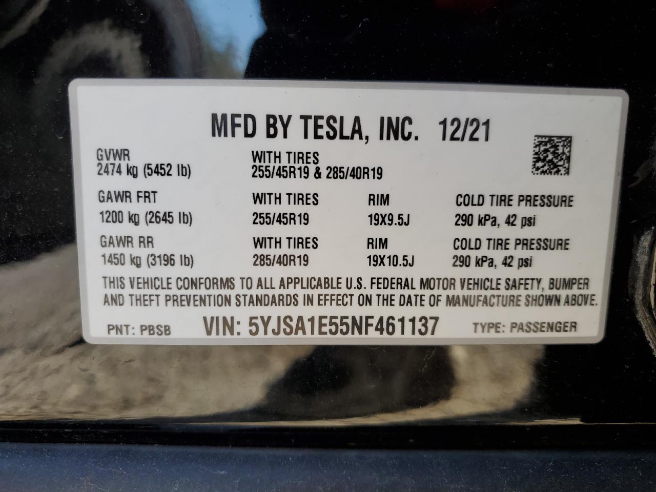 2022 Tesla Model S VIN: 5YJSA1E55NF461137 Lot: 92002355