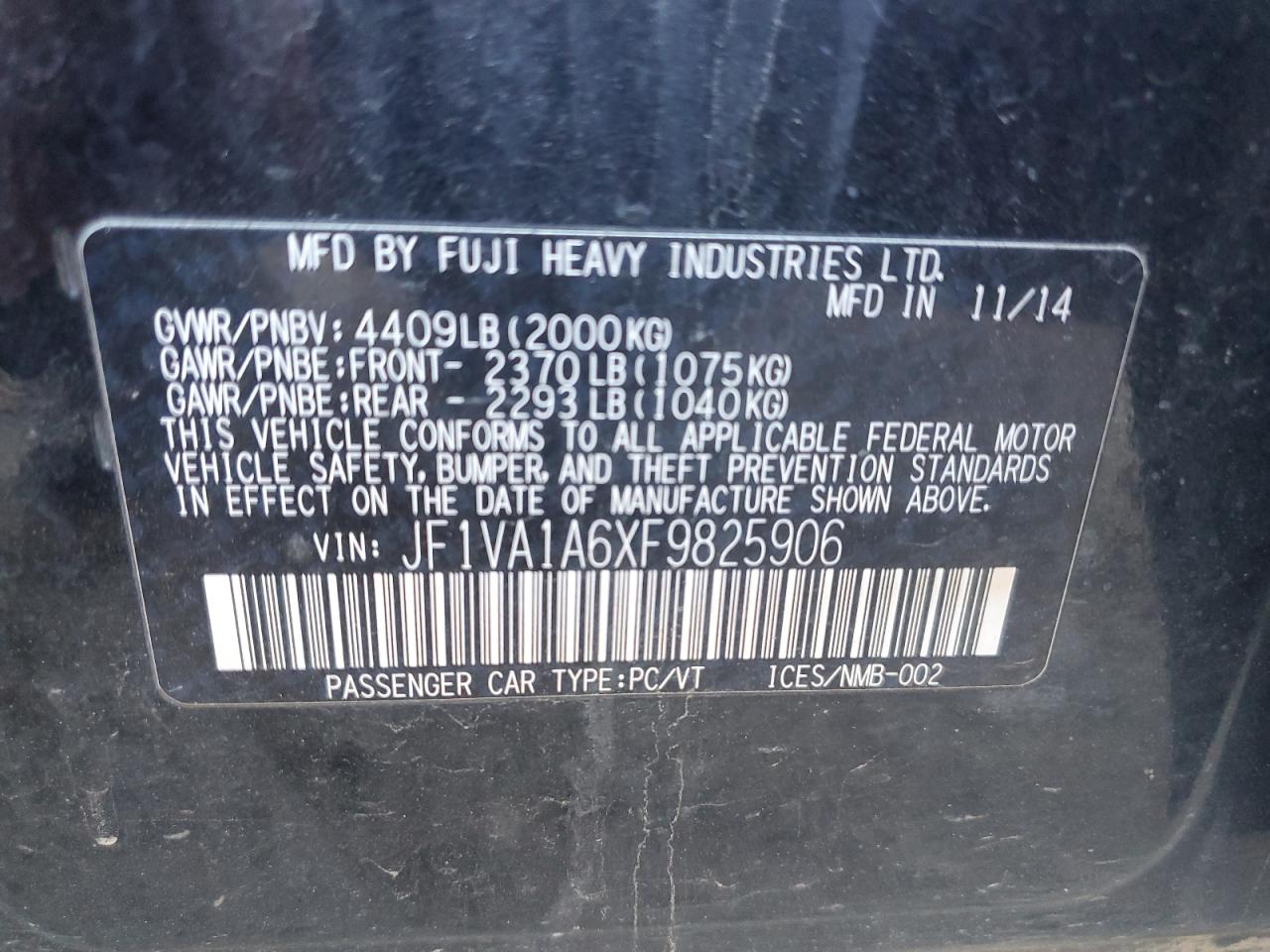 2015 Subaru Wrx VIN: JF1VA1A6XF9825906 Lot: 91479245