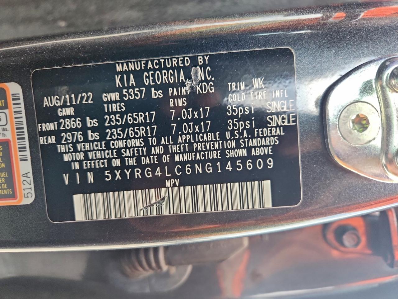 2022 Kia Sorento Lx VIN: 5XYRG4LC6NG145609 Lot: 93300965