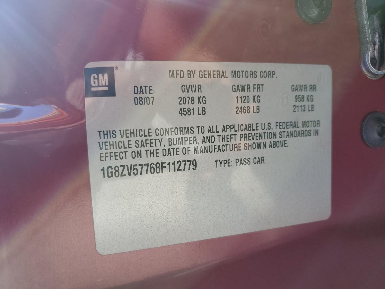 2008 Saturn Aura Xr VIN: 1G8ZV57768F112779 Lot: 90912115