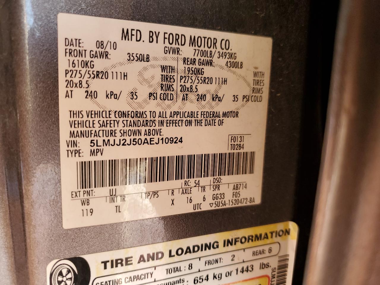 2010 Lincoln Navigator VIN: 5LMJJ2J50AEJ10924 Lot: 93597925