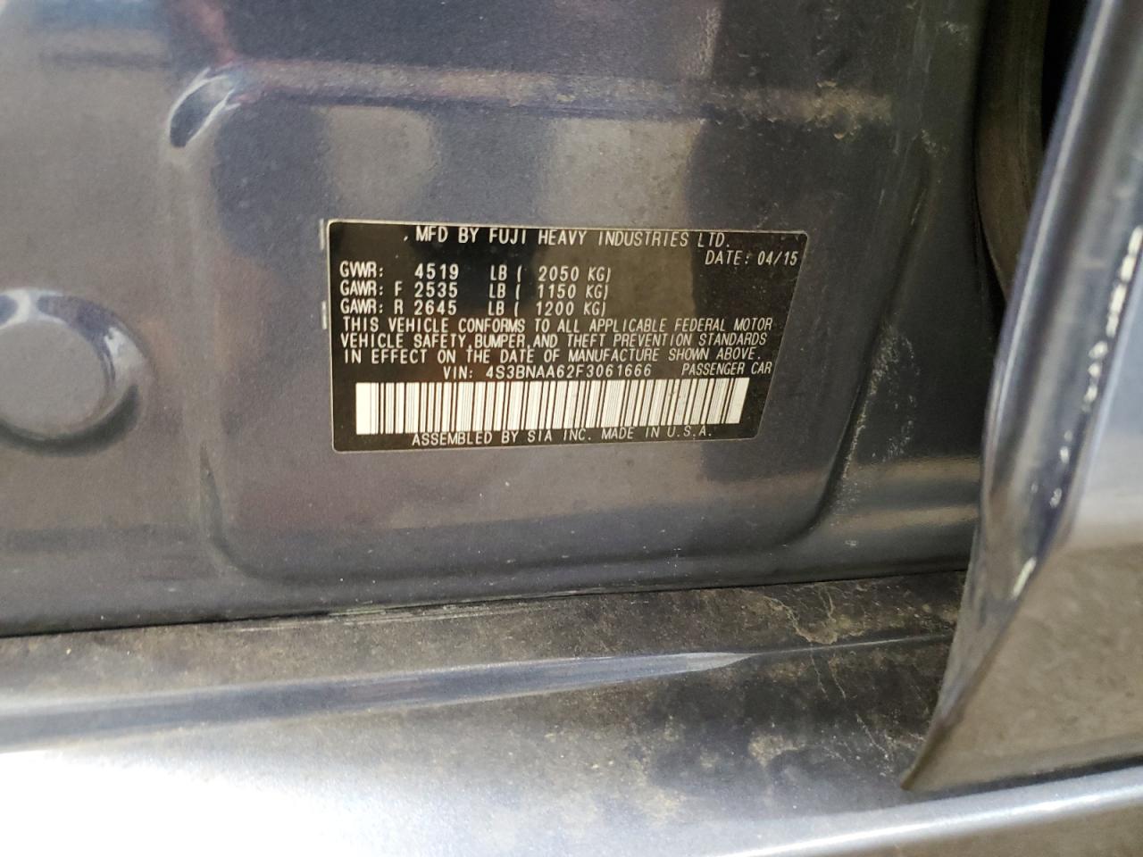 2015 Subaru Legacy 2.5I VIN: 4S3BNAA62F3061666 Lot: 92096215