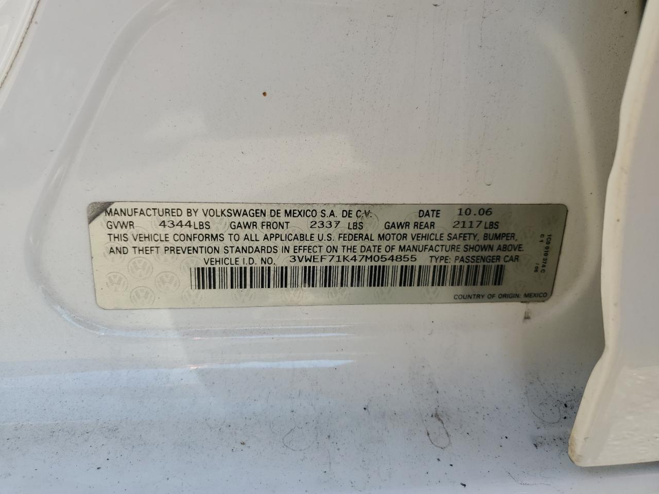 2007 Volkswagen Jetta Wolfsburg VIN: 3VWEF71K47M054855 Lot: 92466705