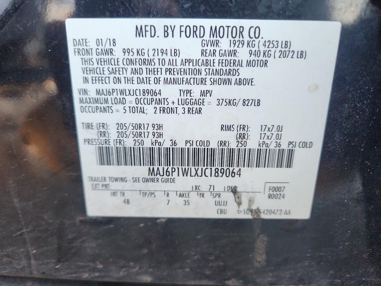 2018 Ford Ecosport Titanium VIN: MAJ6P1WLXJC189064 Lot: 91261355