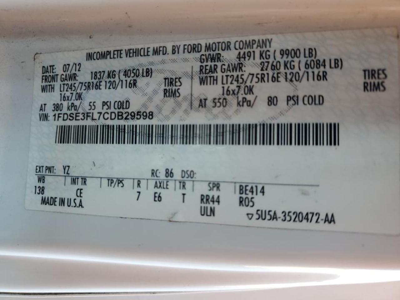 2012 Ford E350 Utility / Service Truck VIN: 1FDSE3FL7CDB29598 Lot: 92685495