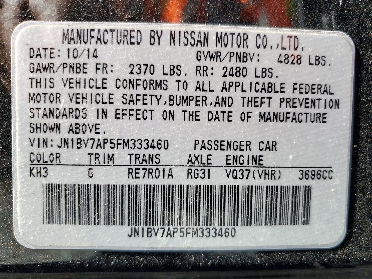 2015 Infiniti Q50 Base VIN: JN1BV7AP5FM333460 Lot: 93329275