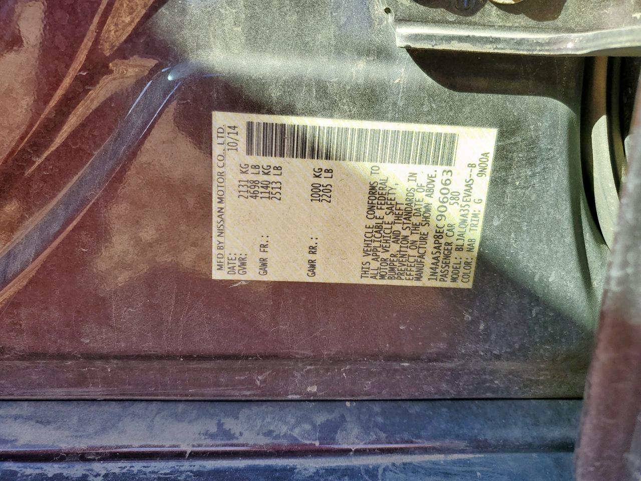 2014 Nissan Maxima S VIN: 1N4AA5AP8EC906063 Lot: 92645925